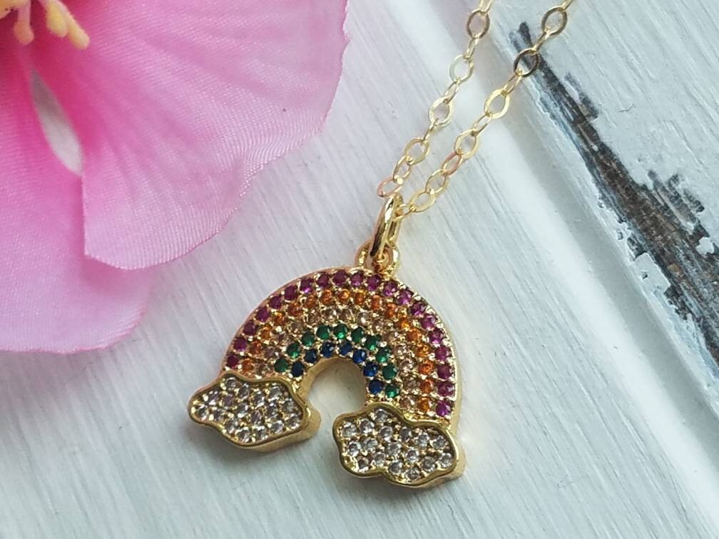Cubic zirconia rainbow necklace, Gold pave rainbow necklace, Gold pave rainbow jewelry, 14K gold ...