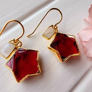 Pink tourmaline star earrings, Pink tourmaline dangle earrings, Dainty gold moonstone earrings, Gold pink tourmaline earrings, Star jewelry