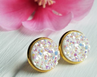 White and gold druzy earrings, White and gold druzy studs, White druzy stud earrings, Everyday druzy earrings, Large druzy studs