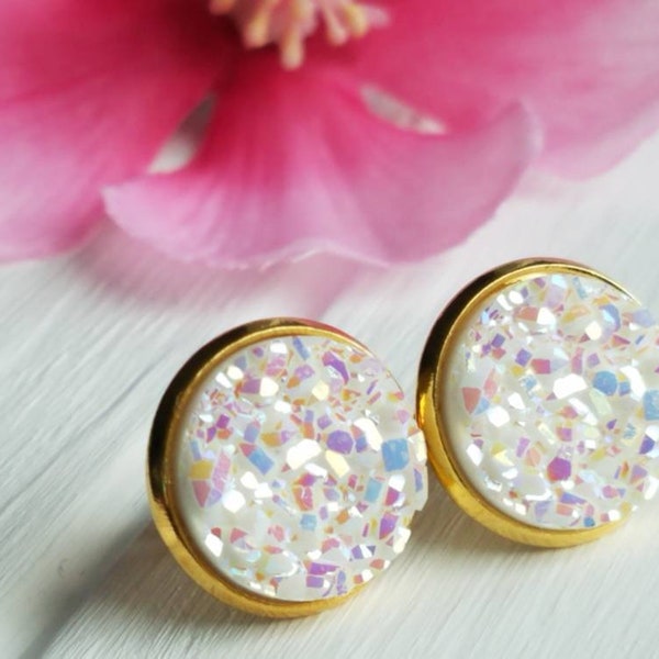 White and gold druzy earrings, White and gold druzy studs, White druzy stud earrings, Everyday druzy earrings, Large druzy studs