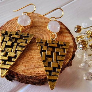 Large gold triangle earrings, Geometric triangle earrings, Moonstone dangle earrings, Triangle statement earrings, Boho triangle earrings