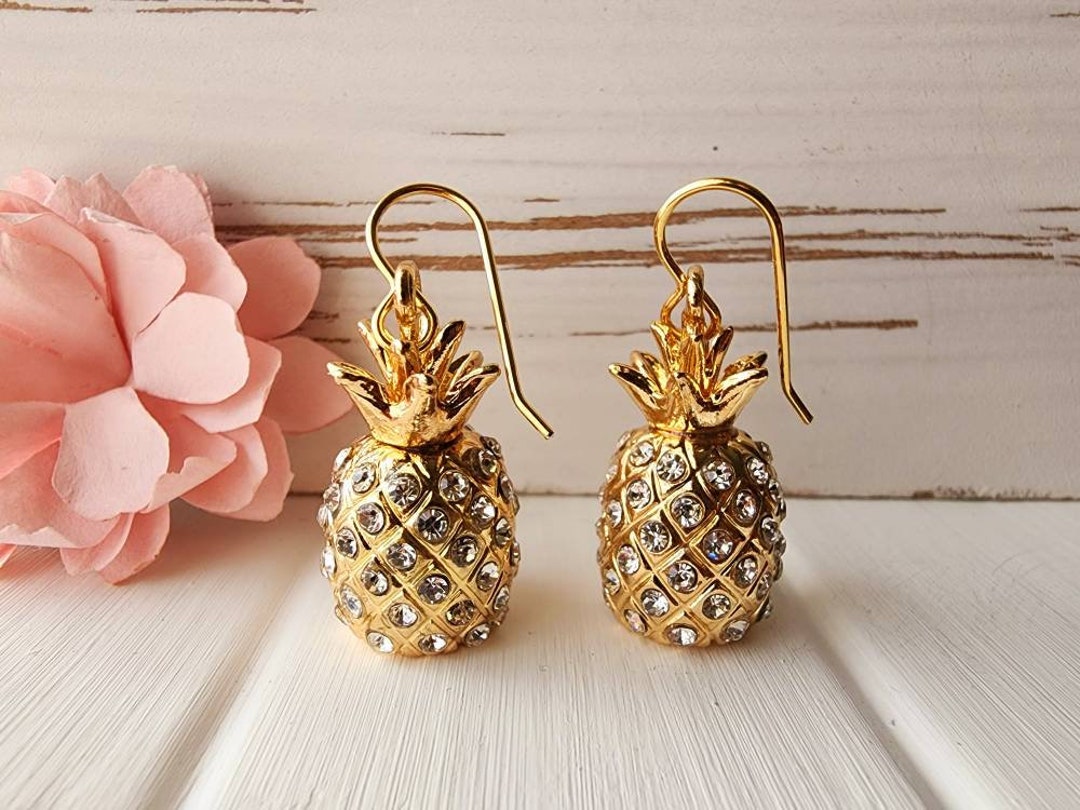 Gold Pineapple Dangle Earrings, Pineapple Jewelry, Gold Fruit Earrings