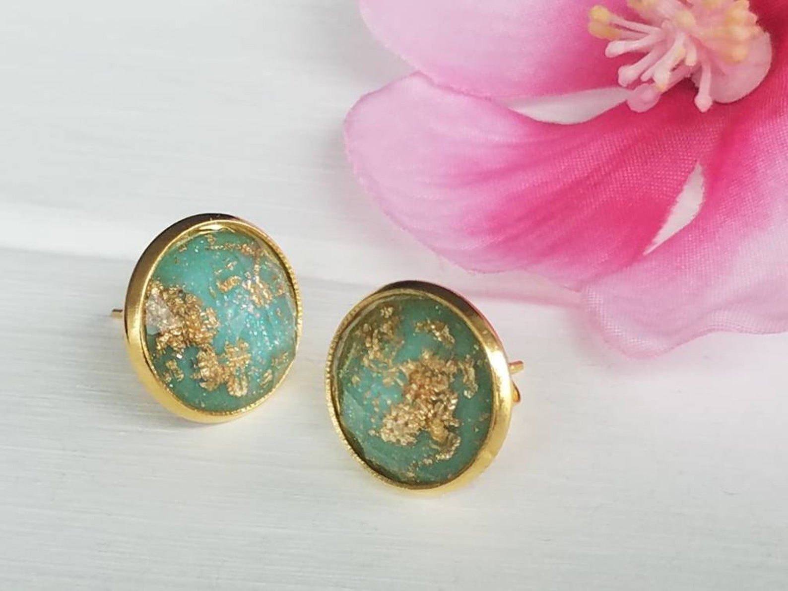 Aqua and Gold Studs Aqua and Gold Earrings Gold Leaf Faceted Etsy