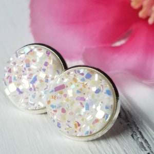White and silver druzy studs, White and silver druzy earrings, White druzy stud earrings, Everyday druzy earrings, Large druzy studs