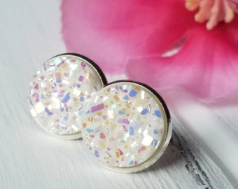 White and silver druzy studs, White and silver druzy earrings, White druzy stud earrings, Everyday druzy earrings, Large druzy studs