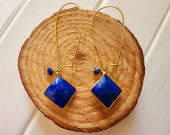 Gold lapis drop earrings, Gold lapis dangle earrings, Boho lapis lazuli earrings, Dainty lapis dangle earrings, Blue lapis gemstone earrings