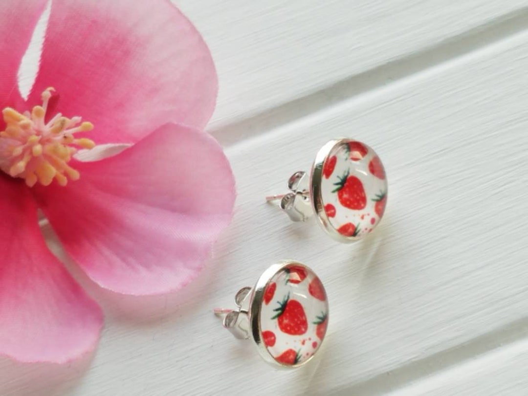 Silver Strawberry Studs, Strawberry Post Earrings, Strawberry Stud