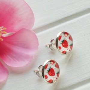 Silver strawberry studs, Strawberry post earrings, Strawberry stud earrings, Fruit stud earrings, Fruit cabochon studs, Strawberry jewelry