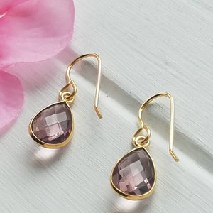 Dainty purple drop earrings, Gold morganite earrings, Purple gemstone dangle earrings, Morganite gemstone earrings, Simple purple earrings
