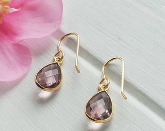 Dainty purple drop earrings, Gold morganite earrings, Purple gemstone dangle earrings, Morganite gemstone earrings, Simple purple earrings