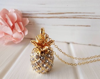 Gold pineapple necklace, Pineapple pendant, Pineapple jewelry, Gold fruit necklace, Tropical fruit pendant, Rhinestone pineapple necklace