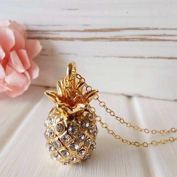 Gold pineapple necklace, Pineapple pendant, Pineapple jewelry, Gold fruit necklace, Tropical fruit pendant, Rhinestone pineapple necklace