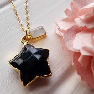 Black onyx star pendant, Black onyx star necklace, Dainty gold moonstone necklace, Gold black onyx jewelry, Black star jewelry, Onyx gift