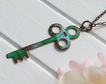 Patina key pendant, Patina key necklace, Skeleton key necklace, Large key pendant, Green key necklace, Key to my heart necklace, Wife gift