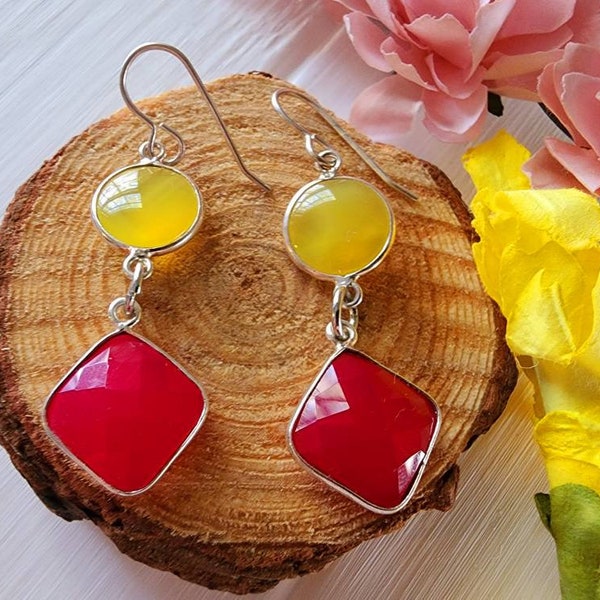 Hot pink and yellow chalcedony earrings, Yellow chalcedony dangle earrings, Hot pink chalcedony dangle earrings, Fuchsia gemstone earrings