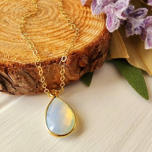 Dainty white opal necklace, Gold white opal pendant, Simple opal necklace, Opal gemstone necklace, October birthstone, 14K gold fill chain