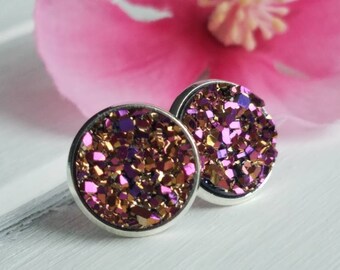Purple and silver druzy studs, Magenta druzy stud earrings, Purple druzy stud earrings, Purple and silver druzy earrings, Dainty druzy studs