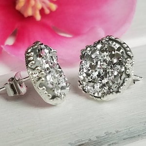 Silver druzy stud earrings, Metallic silver druzy studs, Dainty silver druzy earrings, Silver druzy post earrings, Large druzy stud earrings