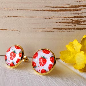 Gold strawberry studs, Strawberry stud earrings, Gold strawberry earrings, Fruit stud earrings, Fruit post earrings, Strawberry jewelry gift