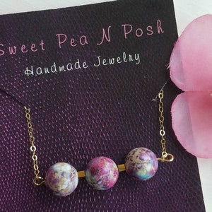 Galaxy sea sediment imperial jasper gemstone bar necklace, Purple bead bar necklace, Boho bead bar necklace, Gemstone bead bar necklace