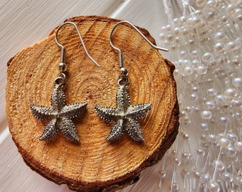 Large starfish dangle earrings, Silver starfish earrings, Starfish drop earrings, Starfish jewelry, Beach lover gift, Beach lover earrings