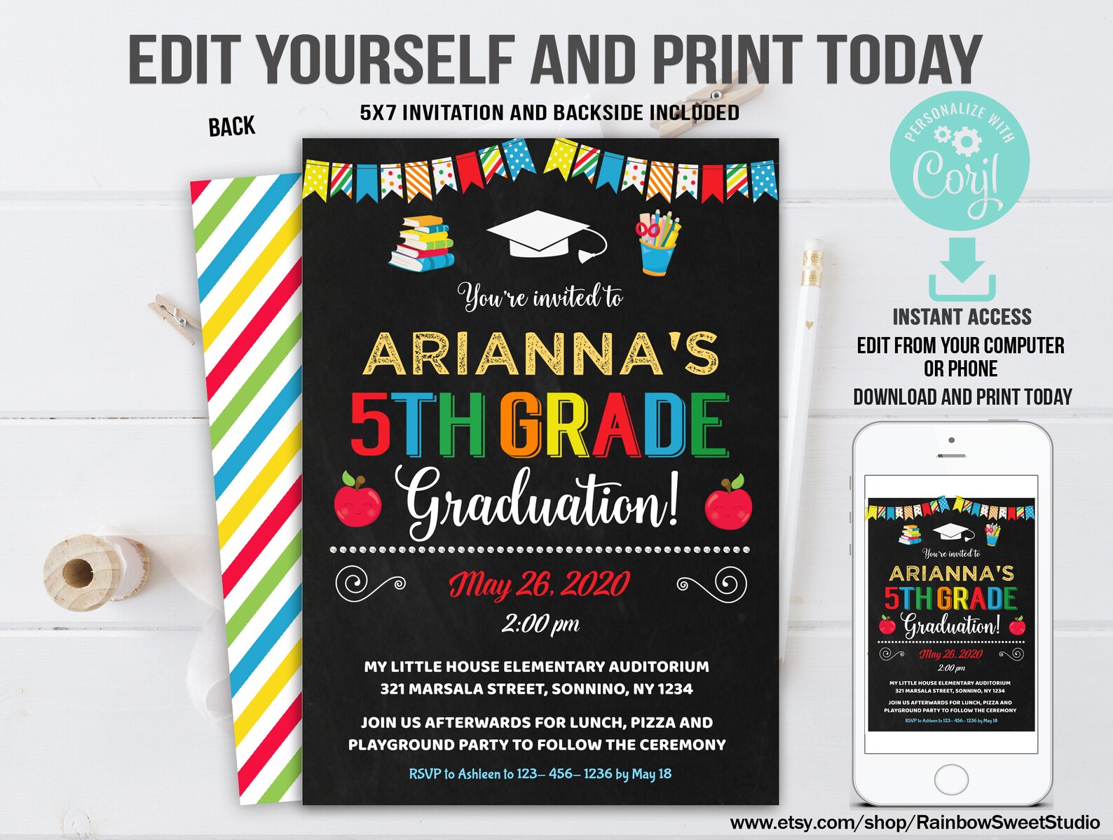 EDITABLE 5TH Grade Graduation Invitation Fifth Grade | Etsy