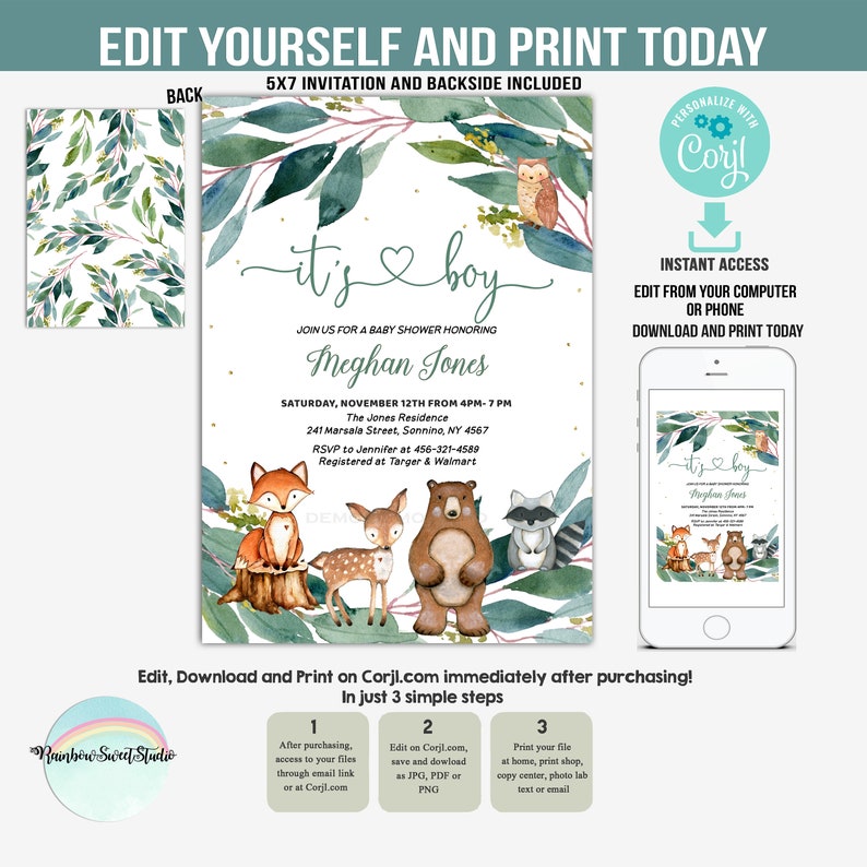 EDITABLE Woodland Baby Shower Invitation Cute Forest Etsy