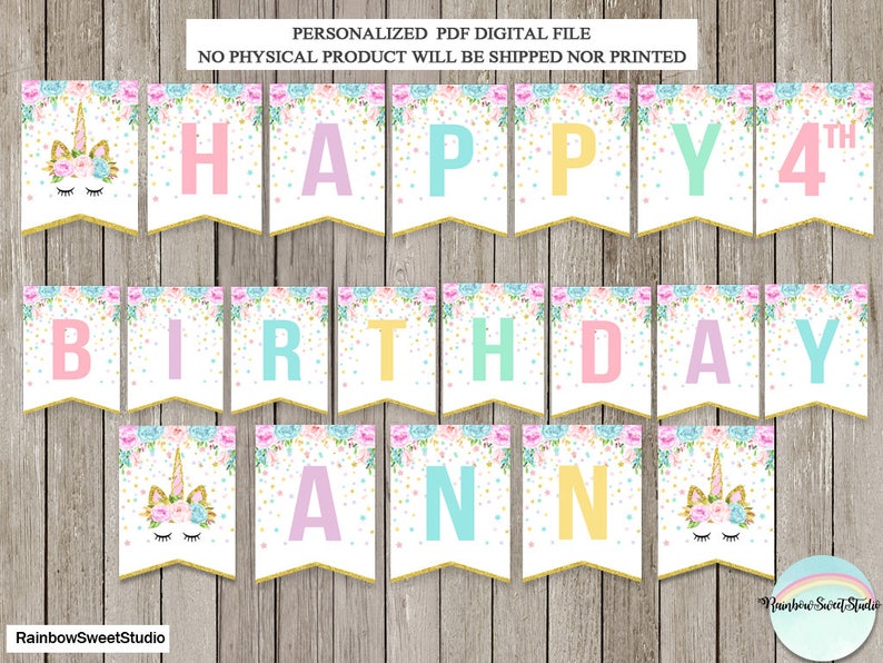 unicorn happy birthday banner unicorn banner printable digital file rainbow unicorn bunting banner magical birthday party unicorn banner art collectibles prints egpsrl it