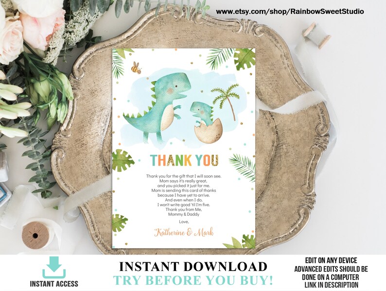 Editable Dinosaur Baby Shower Thank You Card Dinosaur Cards Etsy