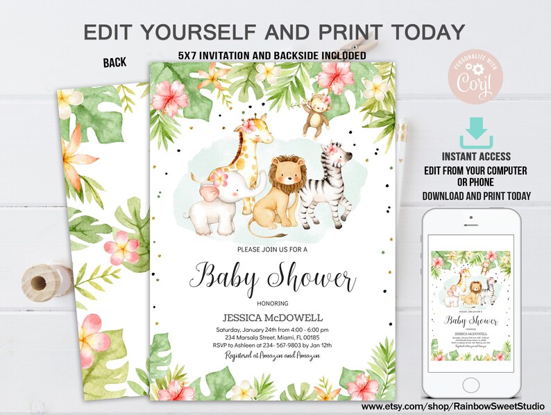 EDITABLE Jungle Baby Shower Invitation Jungle Girl Invitation Etsy