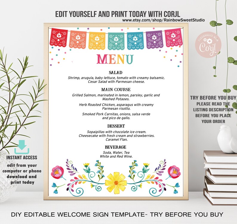 EDITABLE Fiesta Menu Template Fiesta Mexican Theme Menu Fiesta Etsy