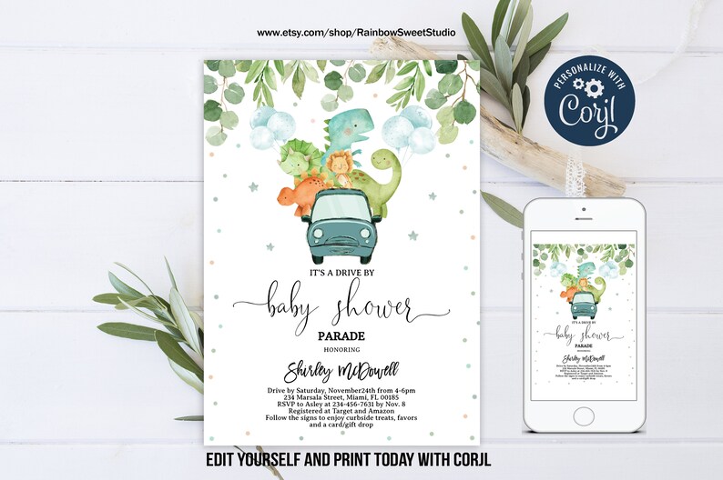 Editable Dinosaur Drive By Baby Shower Invitation Dinosaur Etsy