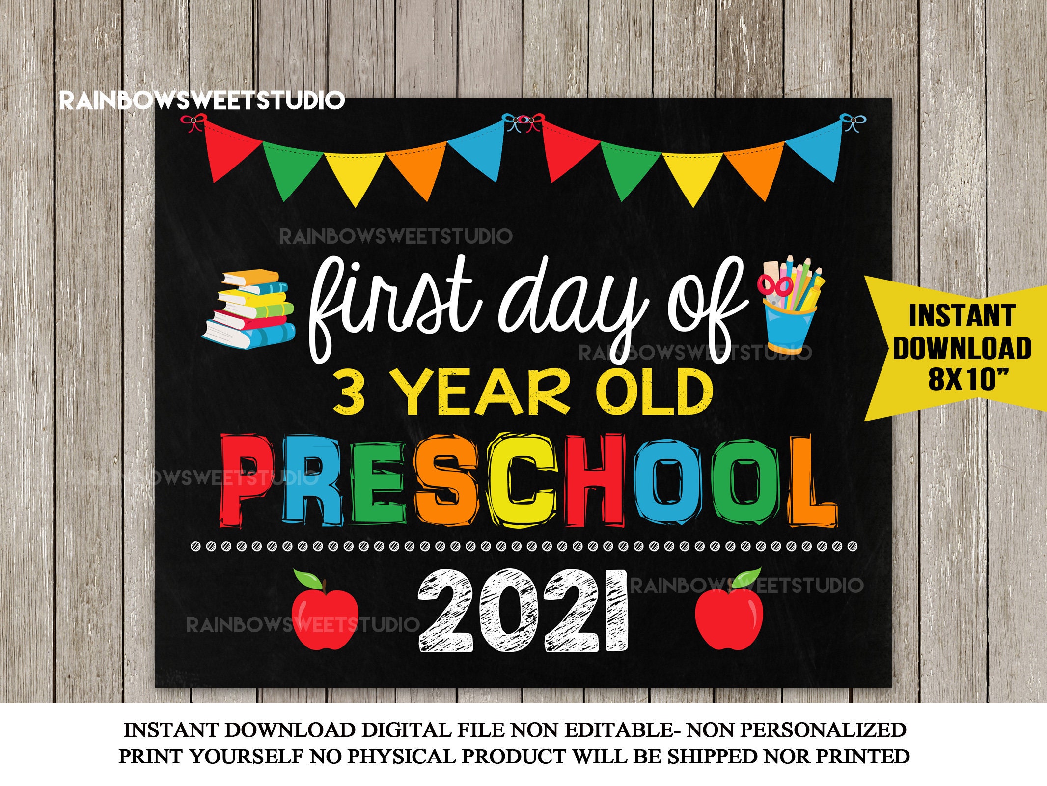 First Day of 3 Year Old Preschool Sign First Day of School Etsy