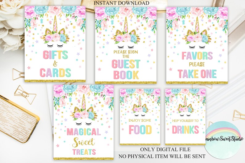 Unicorn Table Signs Package Unicorn X6 Signs Printable Unicorn Eyelashes Birthday Party Dessert Table Unicorn Baby Shower INSTANT DOWNLOAD