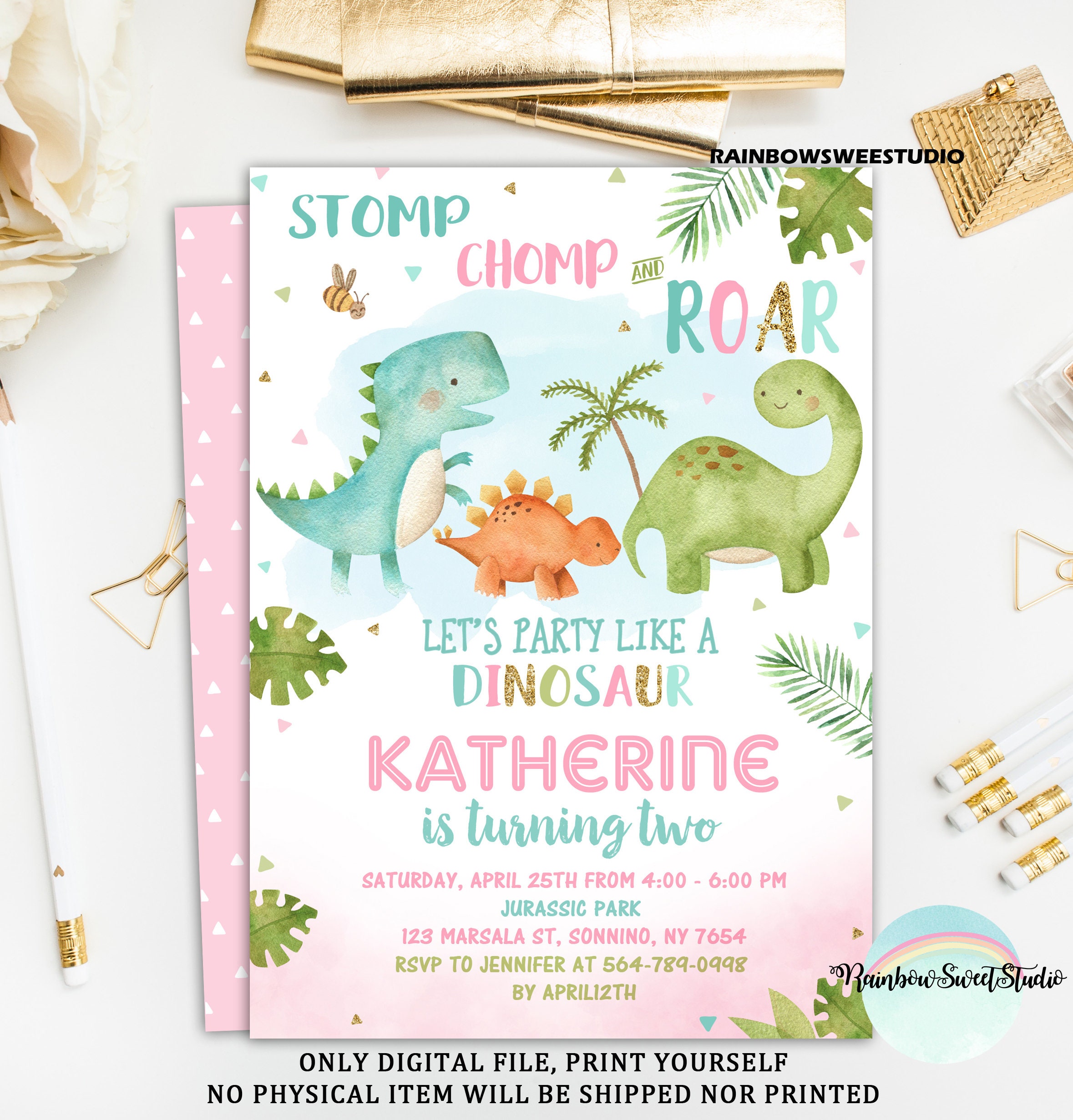 Girl Dinosaur Invitation Dinosaur Birthday Invitation Girly Etsy