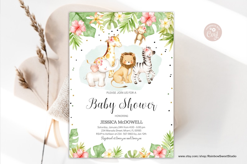 EDITABLE Jungle Baby Shower Invitation Jungle Girl Invitation Etsy
