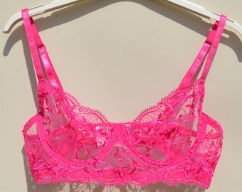 Hot pink embroidered lace/tulle bustier bra top underwear.size xs