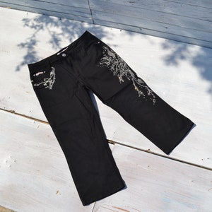 Deadstock black silver embroidered strassy 3/4 bootcut thin stretch denim jeans.size 40 (s/m)