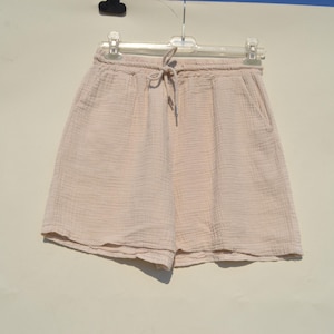 Beige organic cotton muslin gauze shorts.one/size