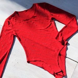 Vintage red silver sparkle glitter printed longsleeved stretch body blouse,top.one size