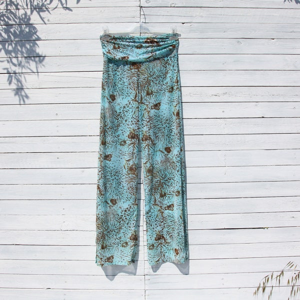 Crool y2k stock blue/bown floral print sheer tulle stretch pants,resort beach wear.size m