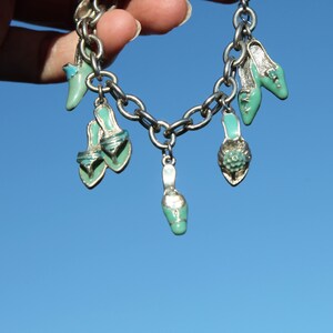 Deadstock silver/teal green enamel shoes charms chain bracelet.