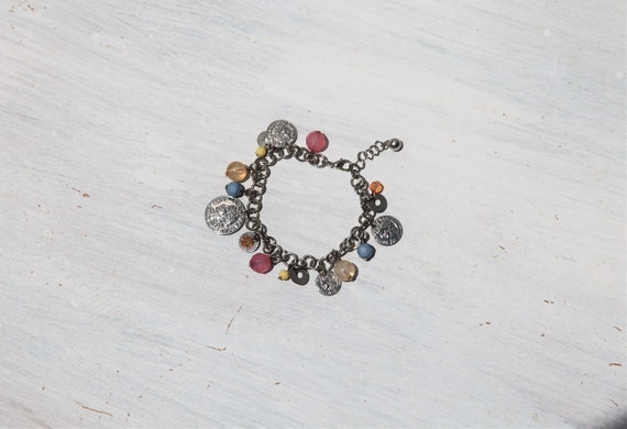 Deadstock multi color beads/coins silver chain br… - image 1