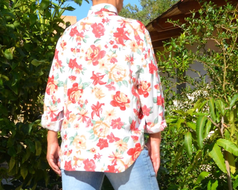 Vintage 90s viscose,whiteredbeigegreen colors,floral printed,long sleeve,button down sheer shirt,blouse.size S-M-L