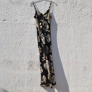 Deadstock black multi color floral chiffon georgette mid calf dress.size 50