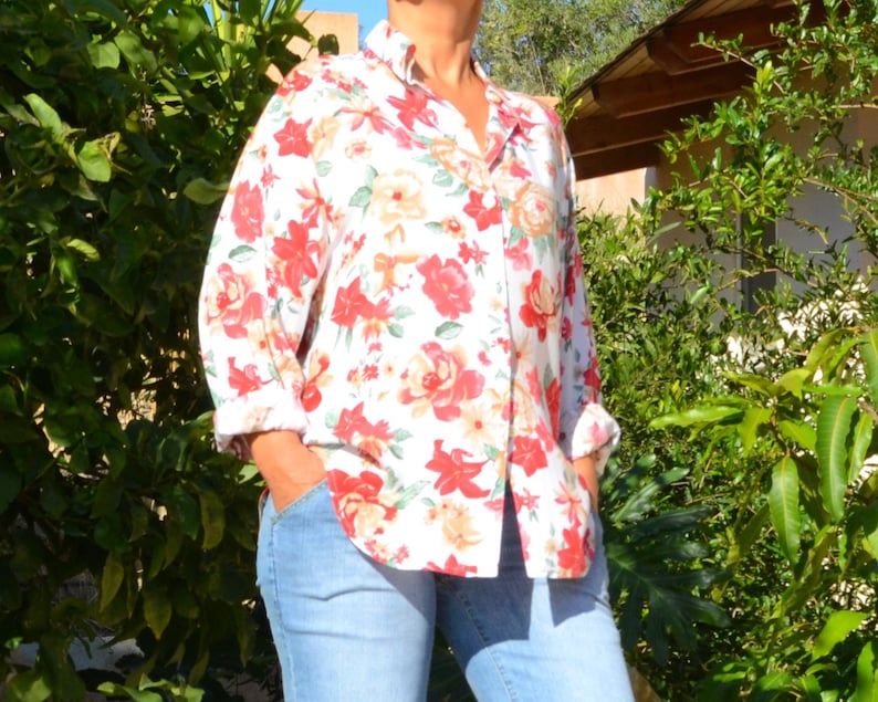 Vintage 90s viscose,whiteredbeigegreen colors,floral printed,long sleeve,button down sheer shirt,blouse.size S-M-L
