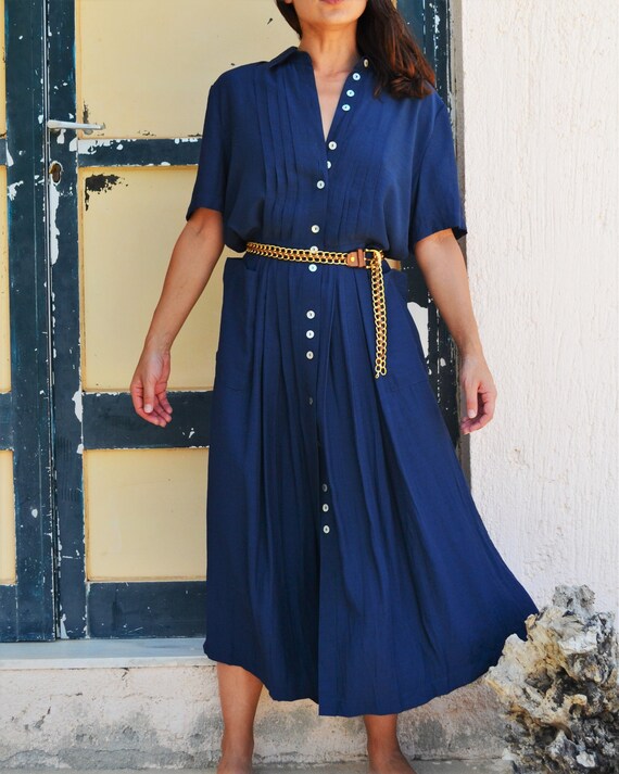 Vintage blue viscose pleated shell button down maxi dress.size Etsy