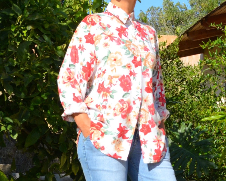Vintage 90s viscose,whiteredbeigegreen colors,floral printed,long sleeve,button down sheer shirt,blouse.size S-M-L