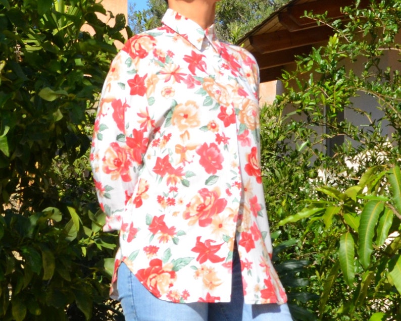 Vintage 90s viscose,whiteredbeigegreen colors,floral printed,long sleeve,button down sheer shirt,blouse.size S-M-L