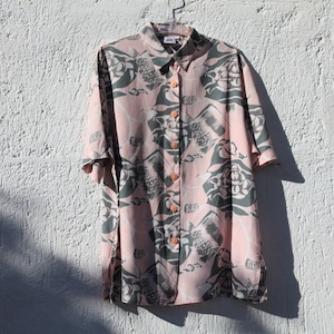 Vintage pink/gray/white printed viscose over sized long button down shirt,blouse.